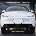 Front view of a white Model Y Standard with a license plate panel above the central front camera.