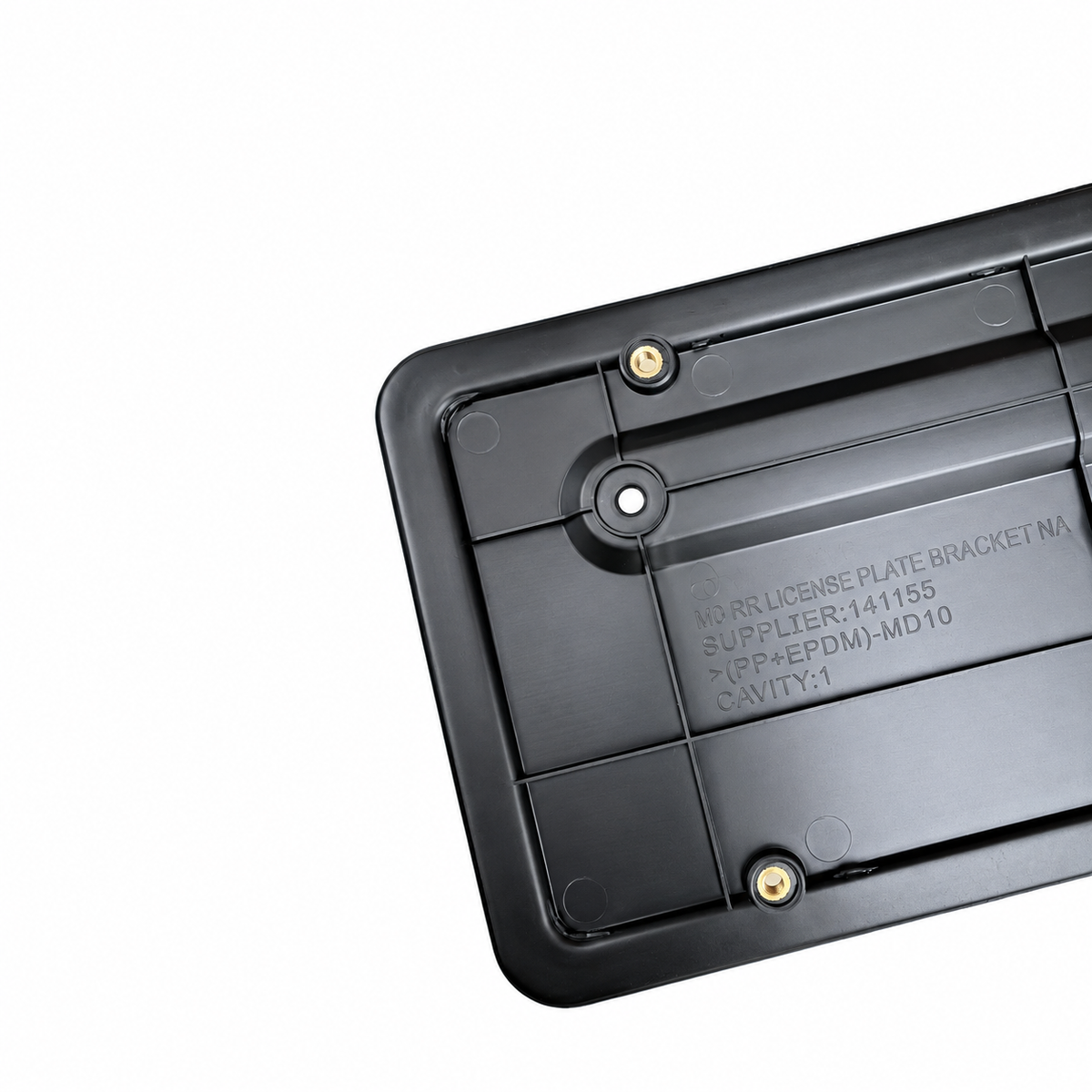 Close-up of the underside of a black plastic license plate bracket with pre-drilled screw holes and embossed product code text on a white background.