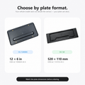 A product information graphic showing two black rectangular license plate inserts side by side, labeled for US/Canada 12 x 6 in and EU/UK 520 x 110 mm plate formats, with text at the top reading 'Choose by plate format.'.