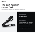 A product information graphic for a TESERY automotive seat belt buckle. The left side shows a black seat belt with a buckle on a light gray background, and the right side displays a dark charcoal panel with the text 'The part number comes first.