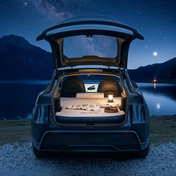 Car trunk with setup for stargazing by a lake at night