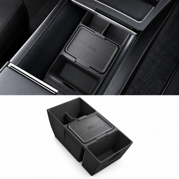 A black silicone car center console organizer tray shown installed inside a console and also as a standalone product shot on a white background.