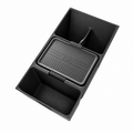 A black silicone car center console organizer tray with three compartments, including a lided storage bin, shown on a plain white background.