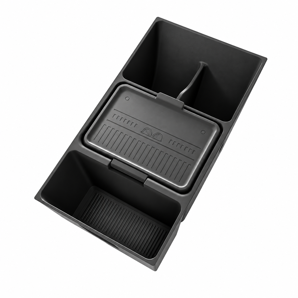 A black silicone car center console organizer tray with three compartments, including a lided storage bin, shown on a plain white background.