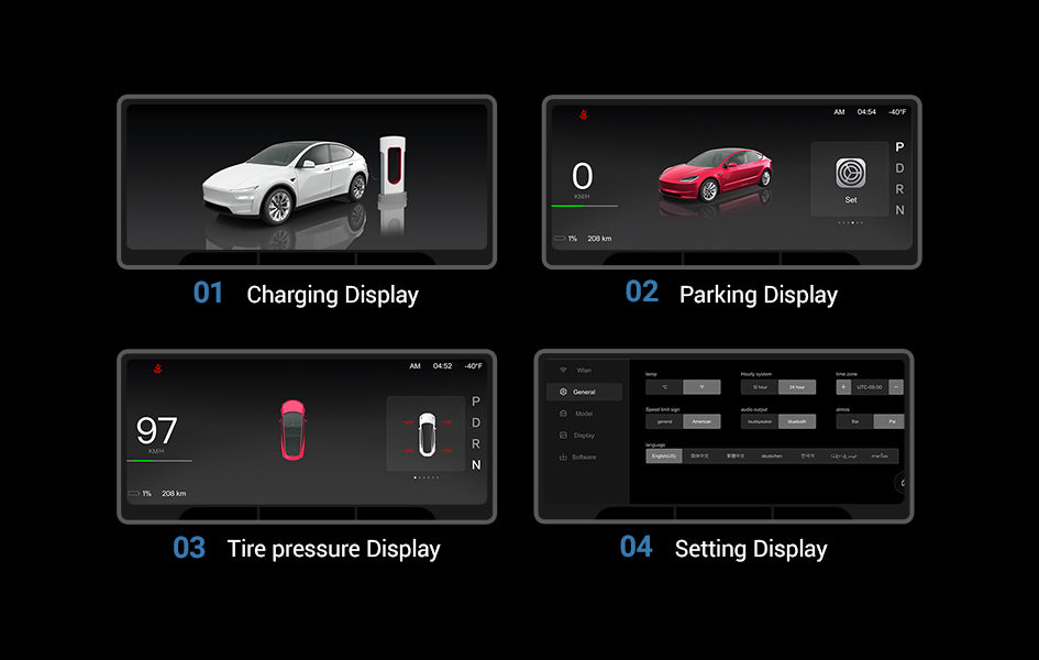 Set of car display screens showing different functionalities on a black background.