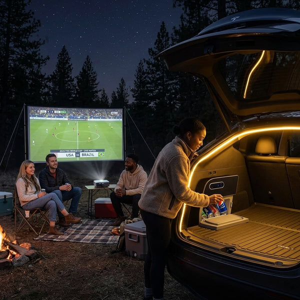 Group of people camping outdoors with a projector screen displaying a sports game.