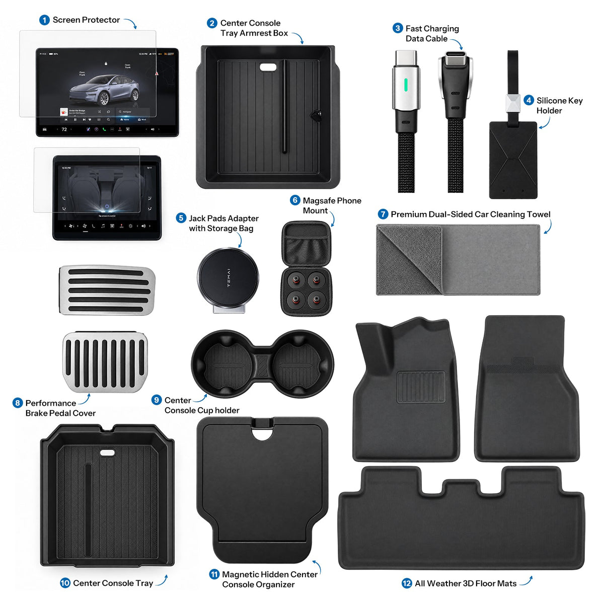 Accessories Kit for Tesla Model 3 Premium (2025+) – 12-Piece Must-Have Bundle for New Owners - Tesery Official Store