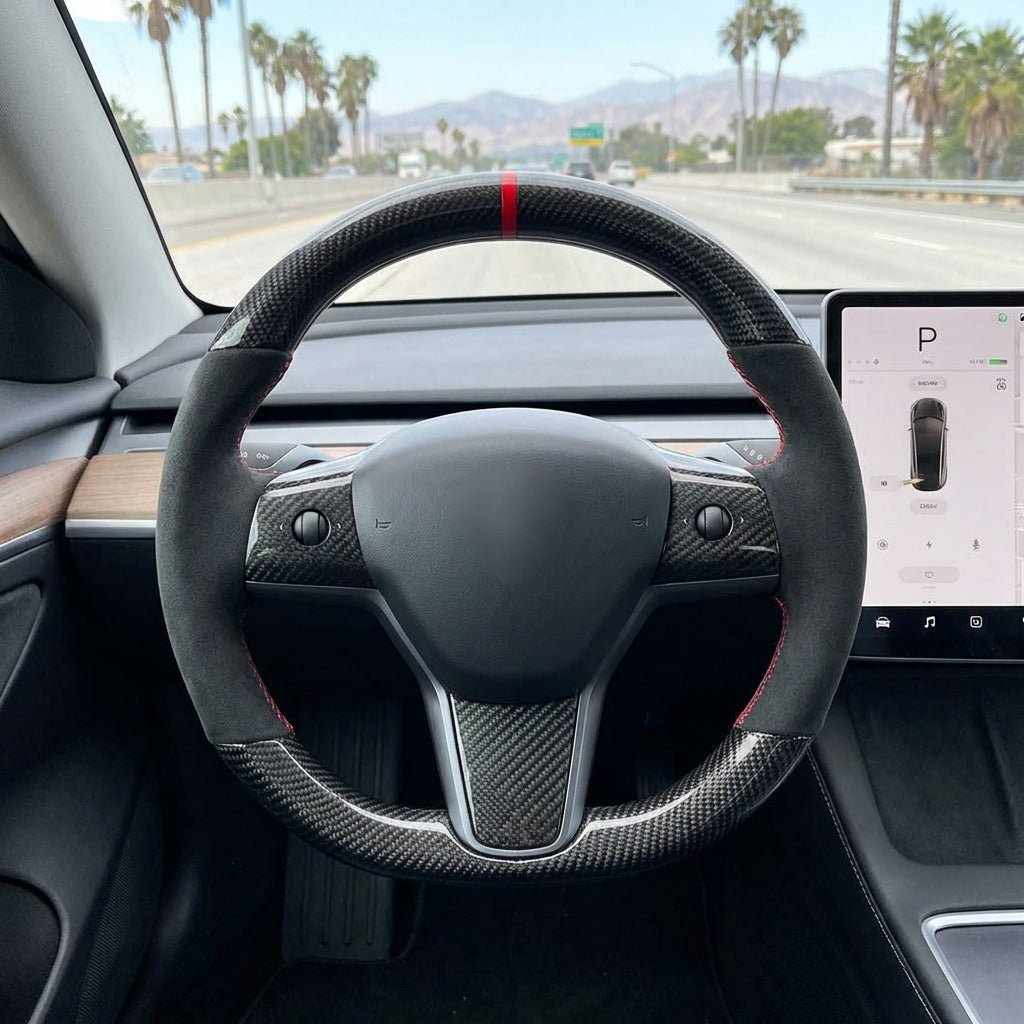 Carbon Fiber Alcantara Round Steering Wheel for Model 3 / Y【Style 15】 - Tesery Official Store