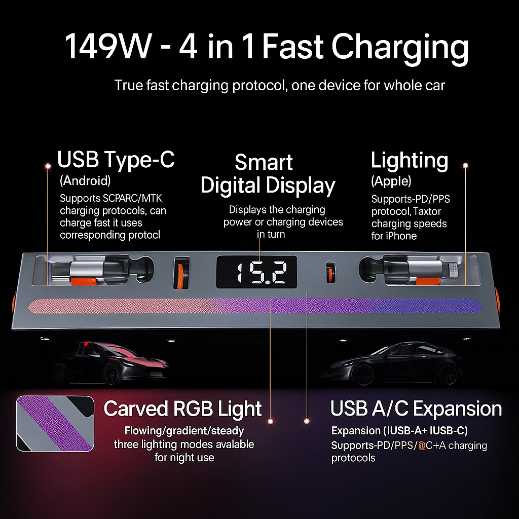 Center Console Ambient Light USB Hub Tesla Model Y Juniper & Model 3 Highland - Tesery Official Store