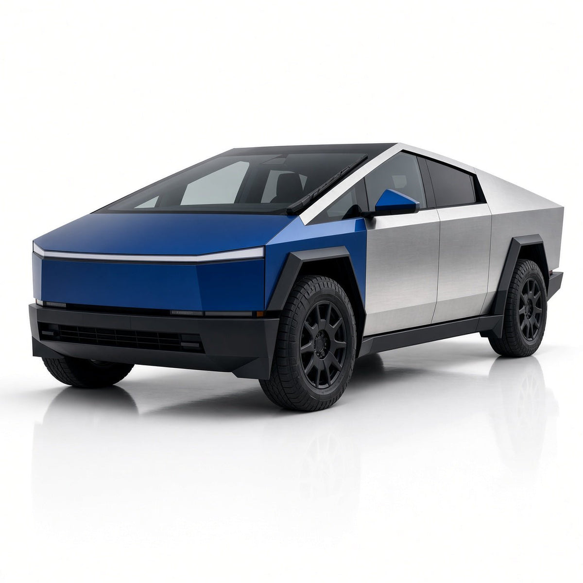 Tesla Cybertruck with blue-highlighted front panels showing Full Front clear PPF coverage