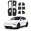 Ten carbon-weave door-control covers arranged above a white Model Y Juniper, including four panel surrounds and six smaller covers.