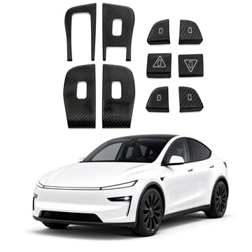 Ten carbon-weave door-control covers arranged above a white Model Y Juniper, including four panel surrounds and six smaller covers.