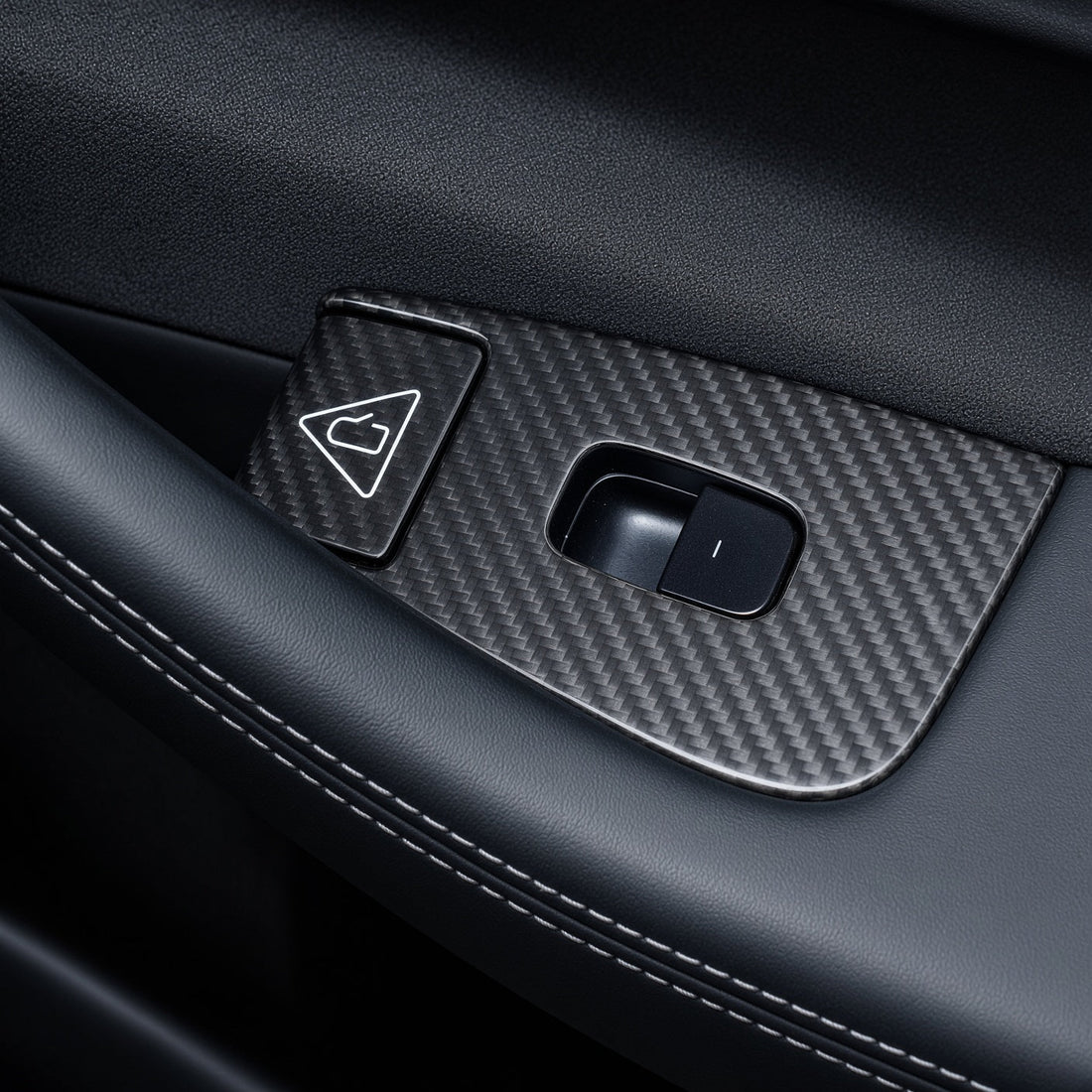 Ten carbon-weave door-control covers arranged above a white Model Y Juniper, including four panel surrounds and six smaller covers.