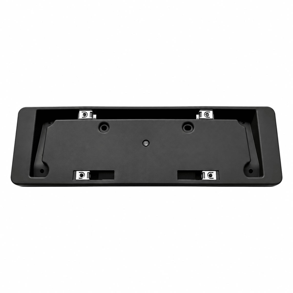 Straight-on view of the black Model Y front plate bracket with four metal clips