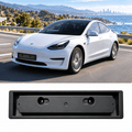 White Model 3 with a black front license plate bracket, with the bracket shown separately below