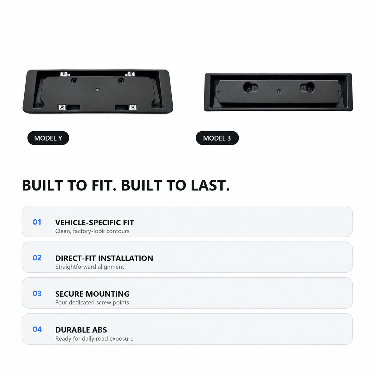 Model Y and Model 3 plate brackets with feature labels for vehicle-specific fit, mounting points, and ABS construction