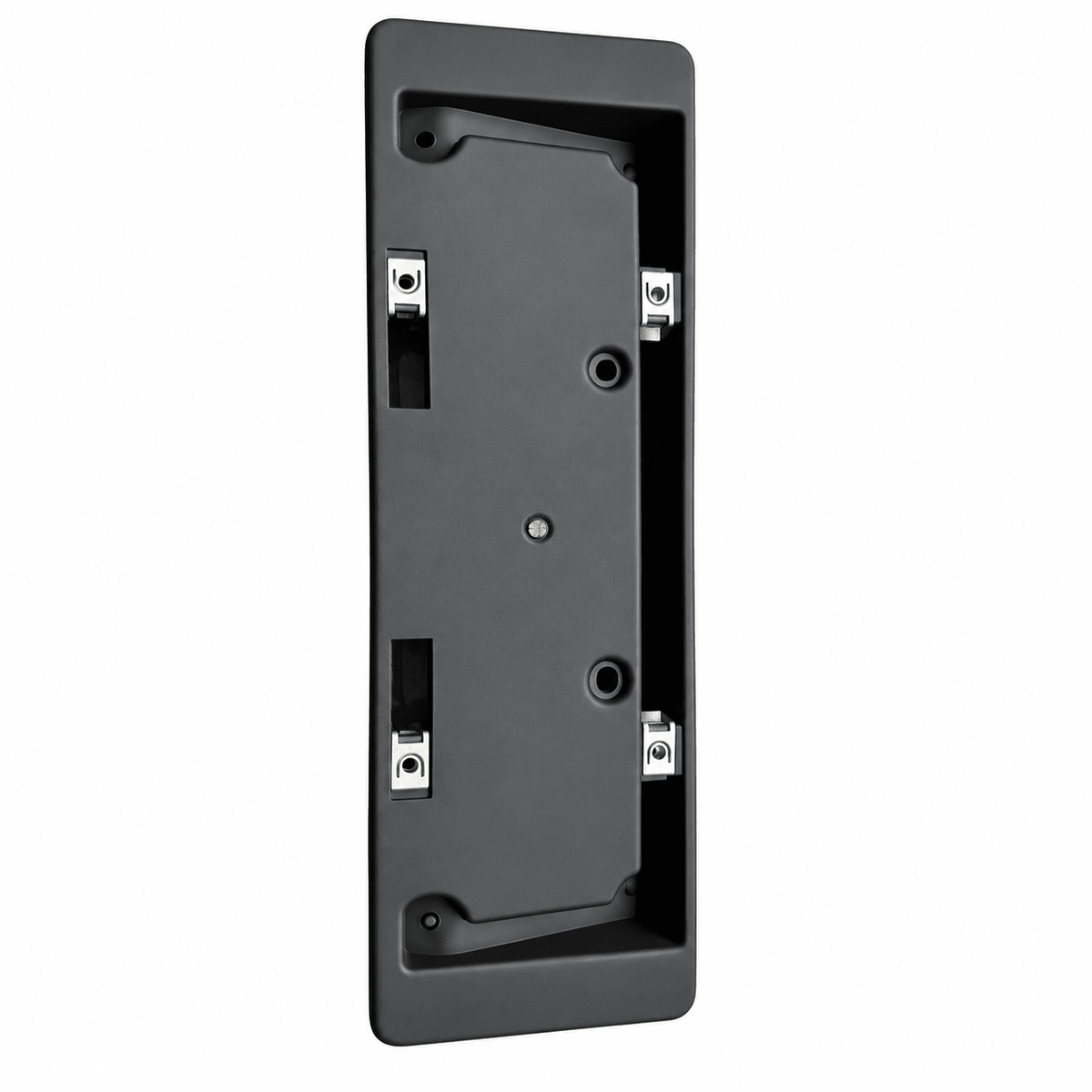 Model Y front license plate bracket displayed vertically with four metal mounting clips visible