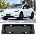 White Model Y with a front plate bracket above a close-up of the bracket and its mounting clips