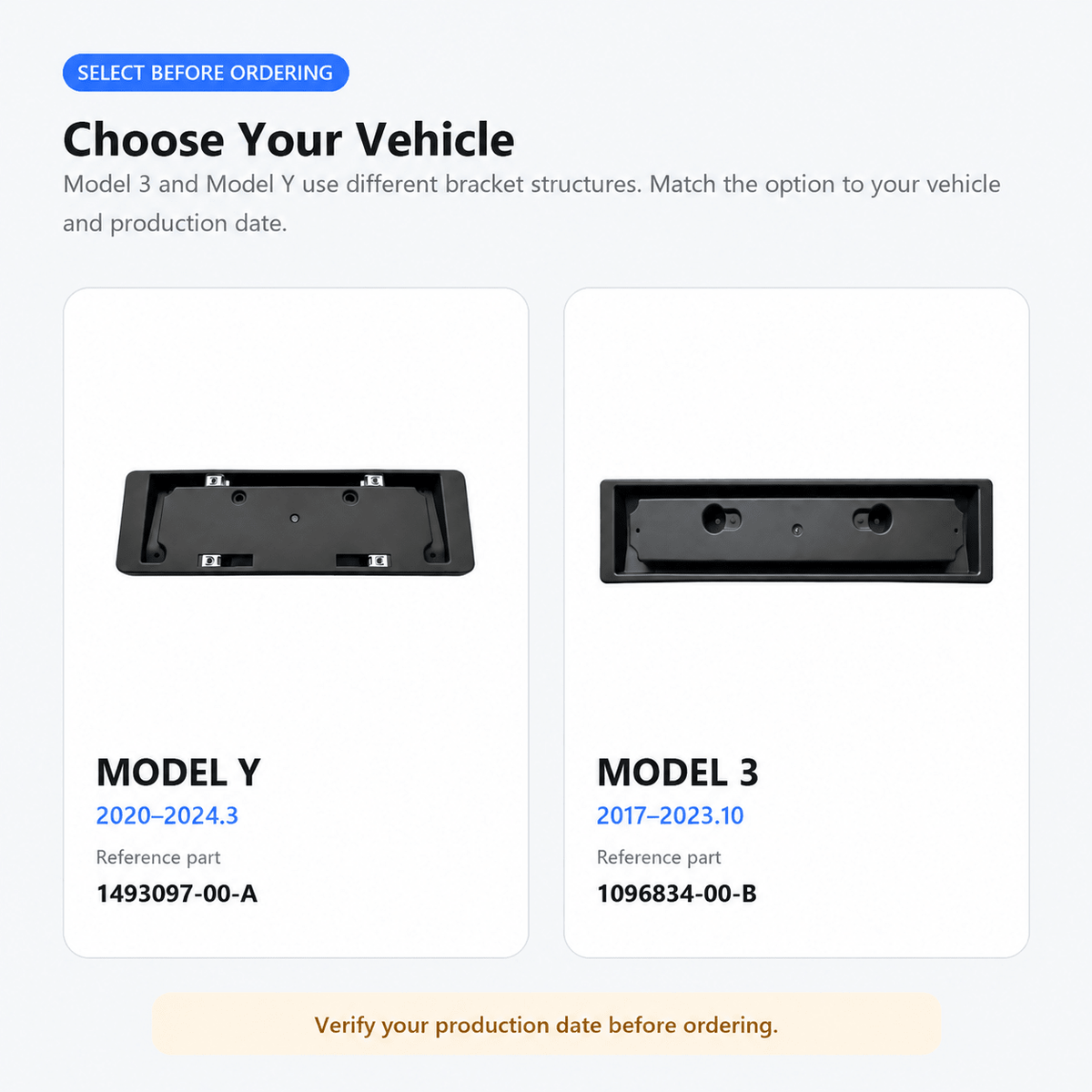 Vehicle selection guide comparing the Model Y 2020–2024.3 and Model 3 2017–2023.10 front plate bracket shapes and reference numbers