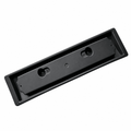 Angled view of the long black Model 3 front license plate bracket with recessed mounting holes