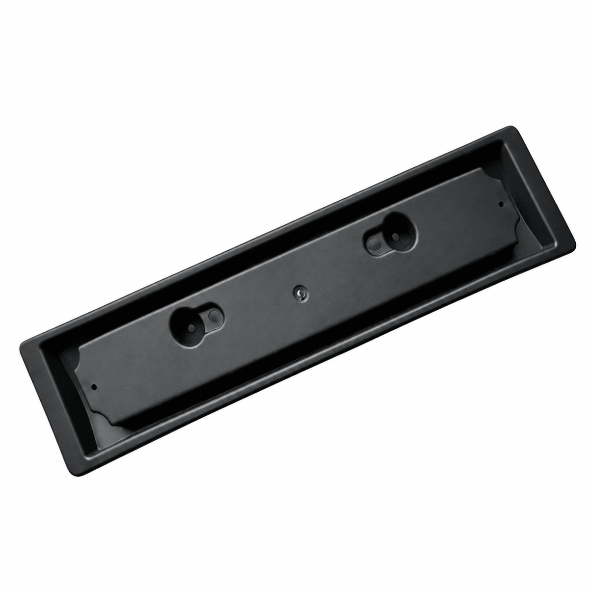 Angled view of the long black Model 3 front license plate bracket with recessed mounting holes
