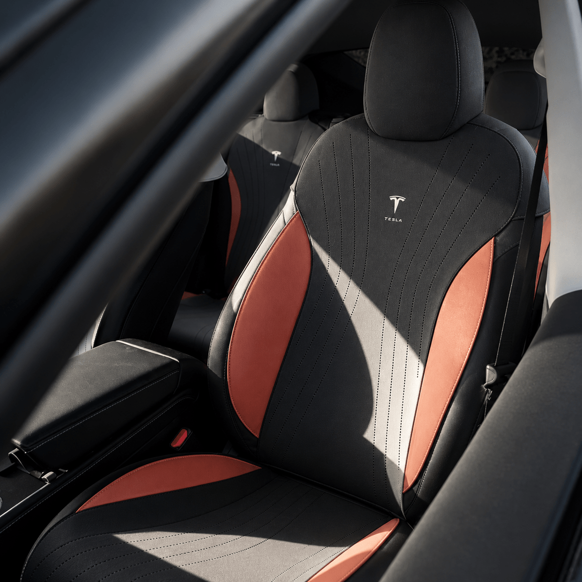 Flash Sale: Suede Seat Covers for Tesla Model Y Juniper (2025.3–Present) | Black and Orange - Tesery Official Store