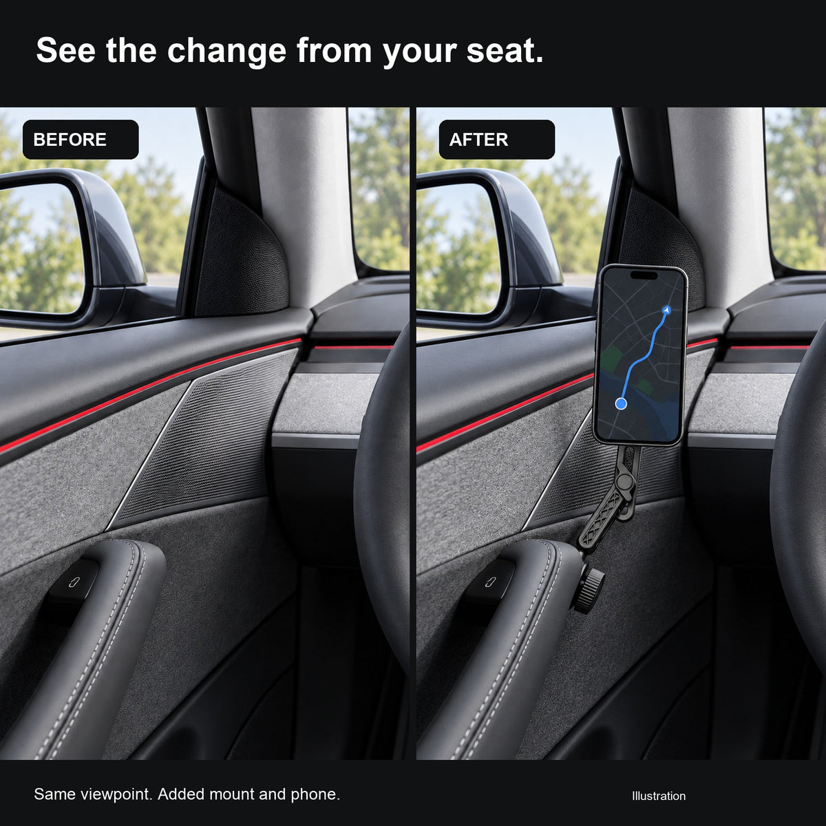 Before-and-after illustration showing a phone mount added beside the driver door handle