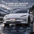 White Model 3 Highland with a U.S. front plate holder installed, beside mounting and material feature icons