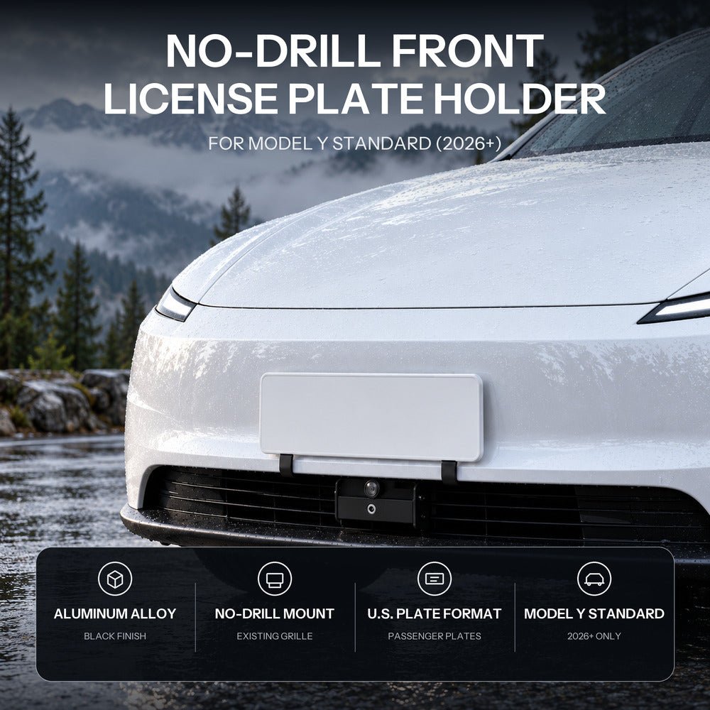 White Model Y pictured in rain with a front license plate panel, alongside no-drill mounting feature illustrations.