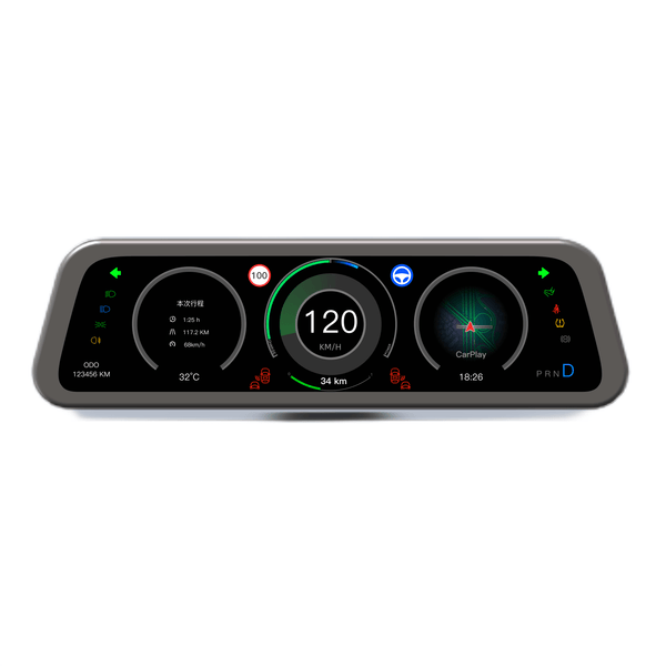 Wide dashboard display showing circular speed and vehicle-data gauges on a black screen.