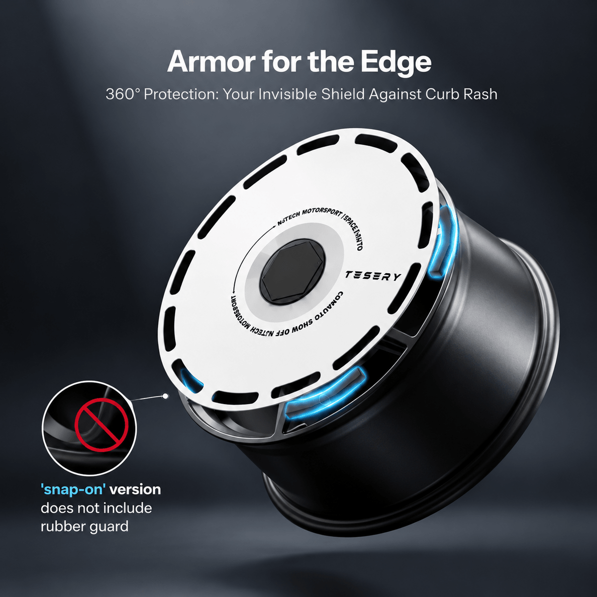 Exploded-style illustration of a white TESERY disc wheel cover over a black wheel, noting that the snap-on version excludes the rubber guard.