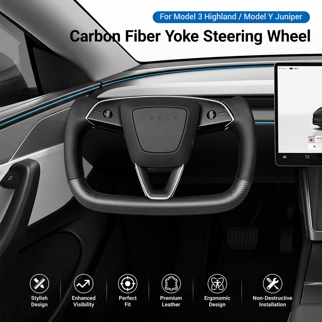 TESERY Carbon Fiber Heated Yoke Steering Wheel for Model 3 Highland / Model Y Juniper - Tesery Official Store