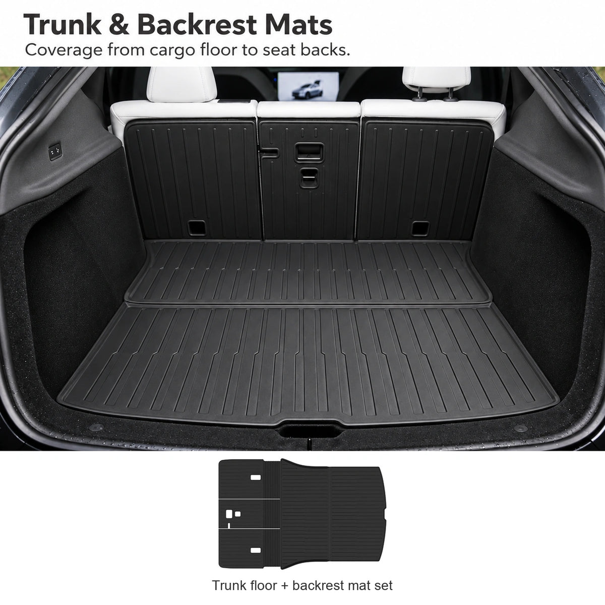 Black ribbed trunk floor and split rear-seat backrest mats installed in a Tesla Model Y Juniper, with the mat set shown below.