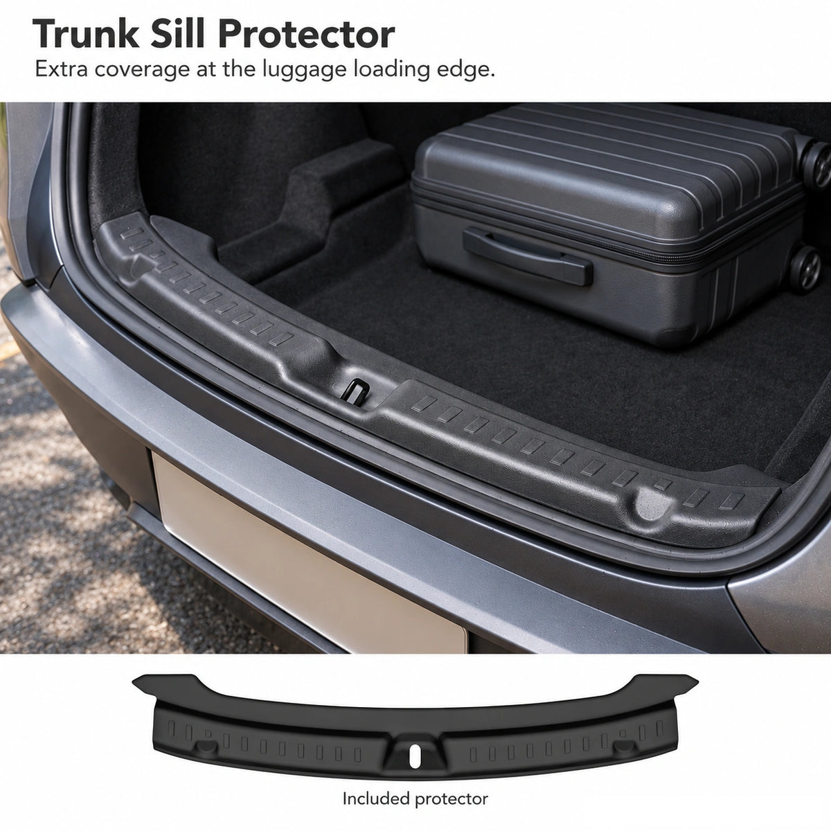 Black trunk sill protector installed along the Tesla Model Y Juniper luggage loading edge, with the included protector shown below.