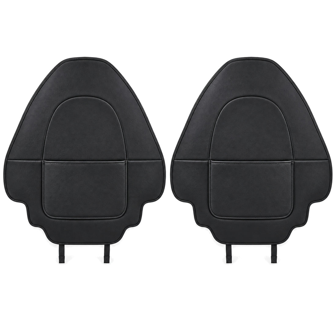 Two black single-pocket PU seat back protectors for Tesla Model 3 Highland and Model Y Juniper on a pure white background.