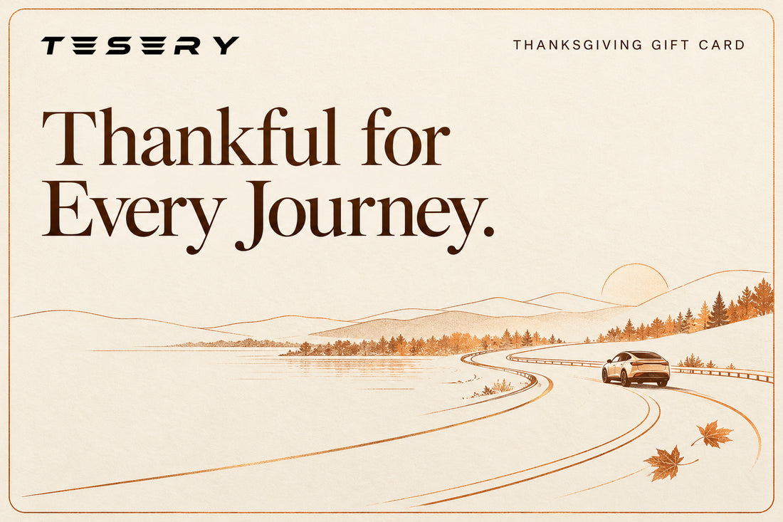 TESERY Thanksgiving digital gift card using the official TESERY logo, ivory and copper autumn road artwork, and the message Thankful for Every Journey