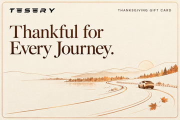 TESERY Thanksgiving digital gift card using the official TESERY logo, ivory and copper autumn road artwork, and the message Thankful for Every Journey