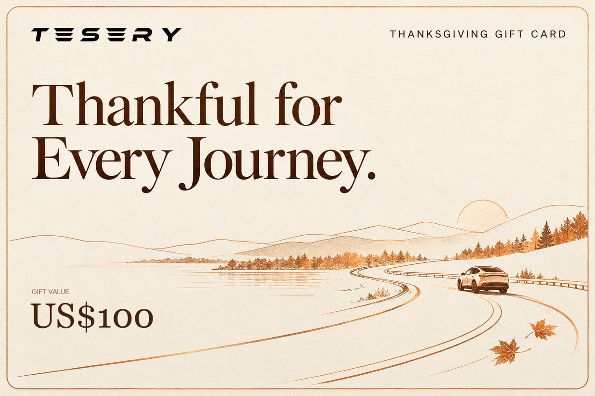 TESERY Thanksgiving digital gift card with the official TESERY logo and US$100 gift value, ivory and copper autumn journey design
