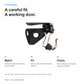 Installation overview: match the original door, use a qualified EV technician and verify door and charging operation