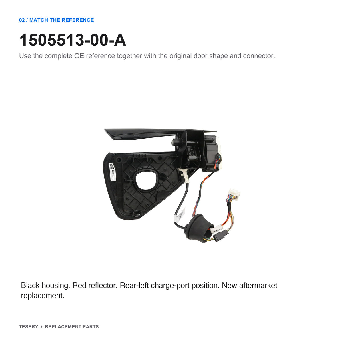 Rear view of the charge port door assembly with OE reference 1505513-00-A and mounting details