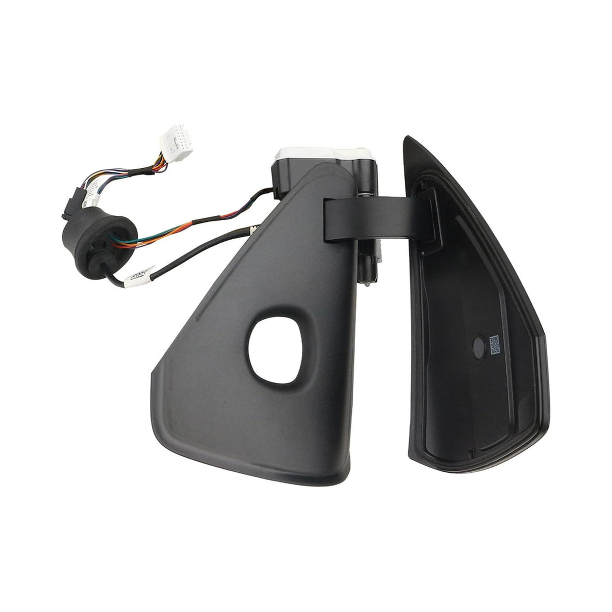 Open charge port door assembly showing the inner panel, hinge and attached harness