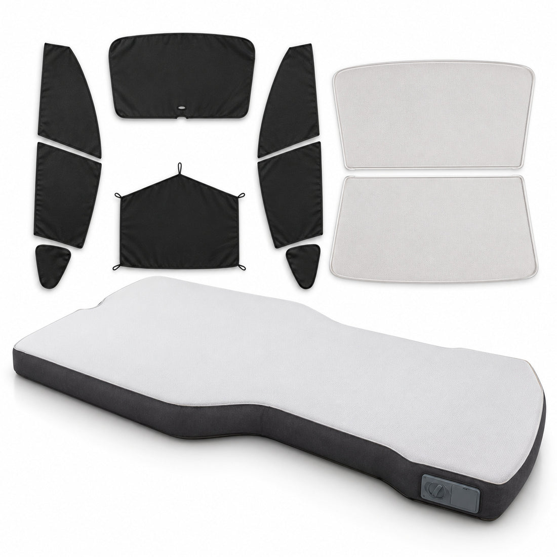 Complete sleep bundle on white: NovaPads mattress, two beige roof shade panels and eight black shades for front, rear and side glass