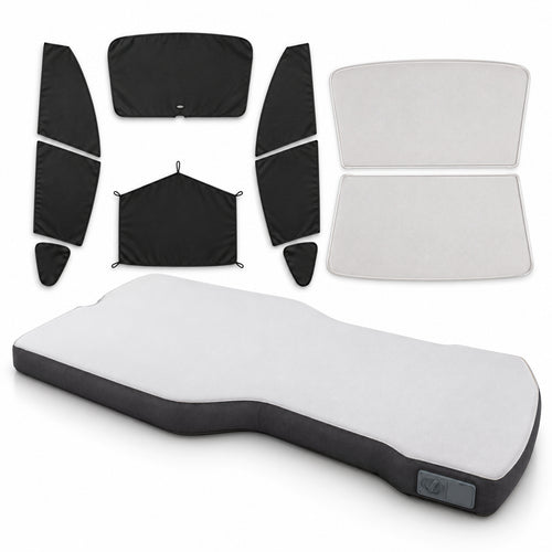 Complete sleep bundle on white: NovaPads mattress, two beige roof shade panels and eight black shades for front, rear and side glass