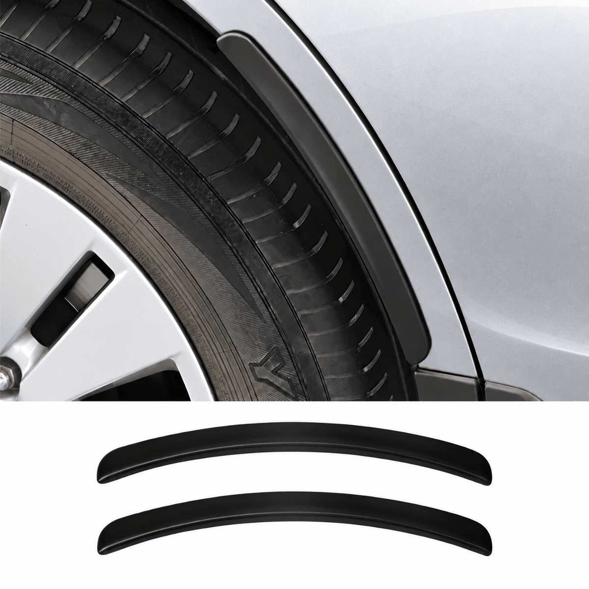 Pair of black wheel arch protector strips shown beside a strip fitted above a car tire