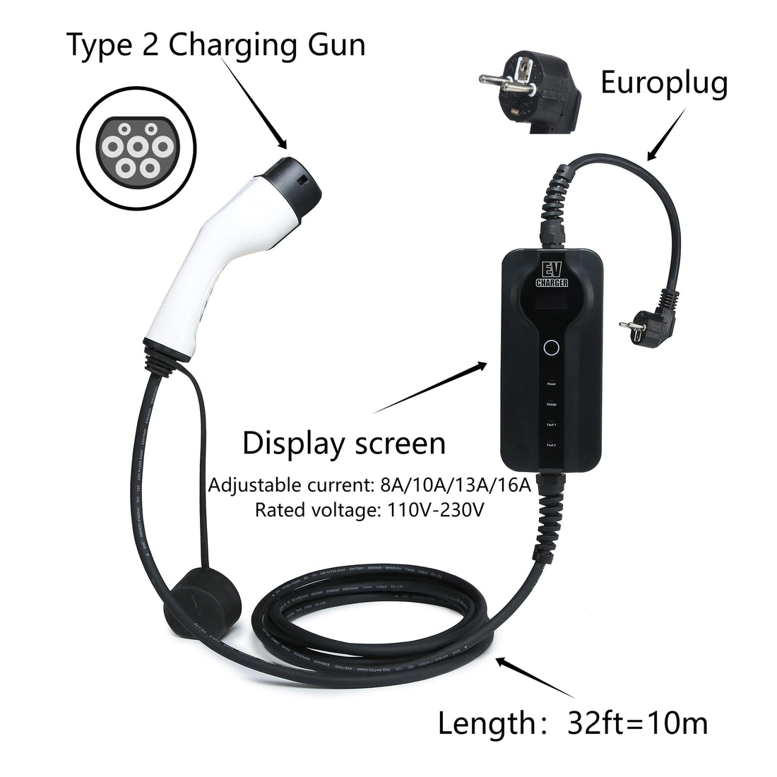 TESERY Portable Type 2 Mennekes EV Charger Europlug|32ft - Tesery Official Store