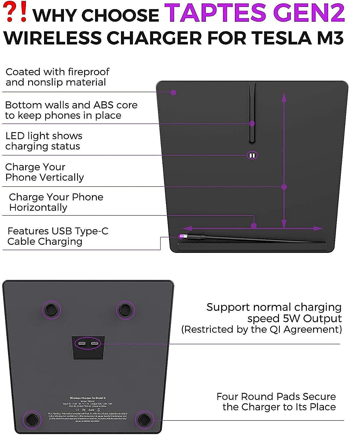 Wireless Charger Horizontal Version for Tesla Model 3（2017-2020） - Tesery Official Store